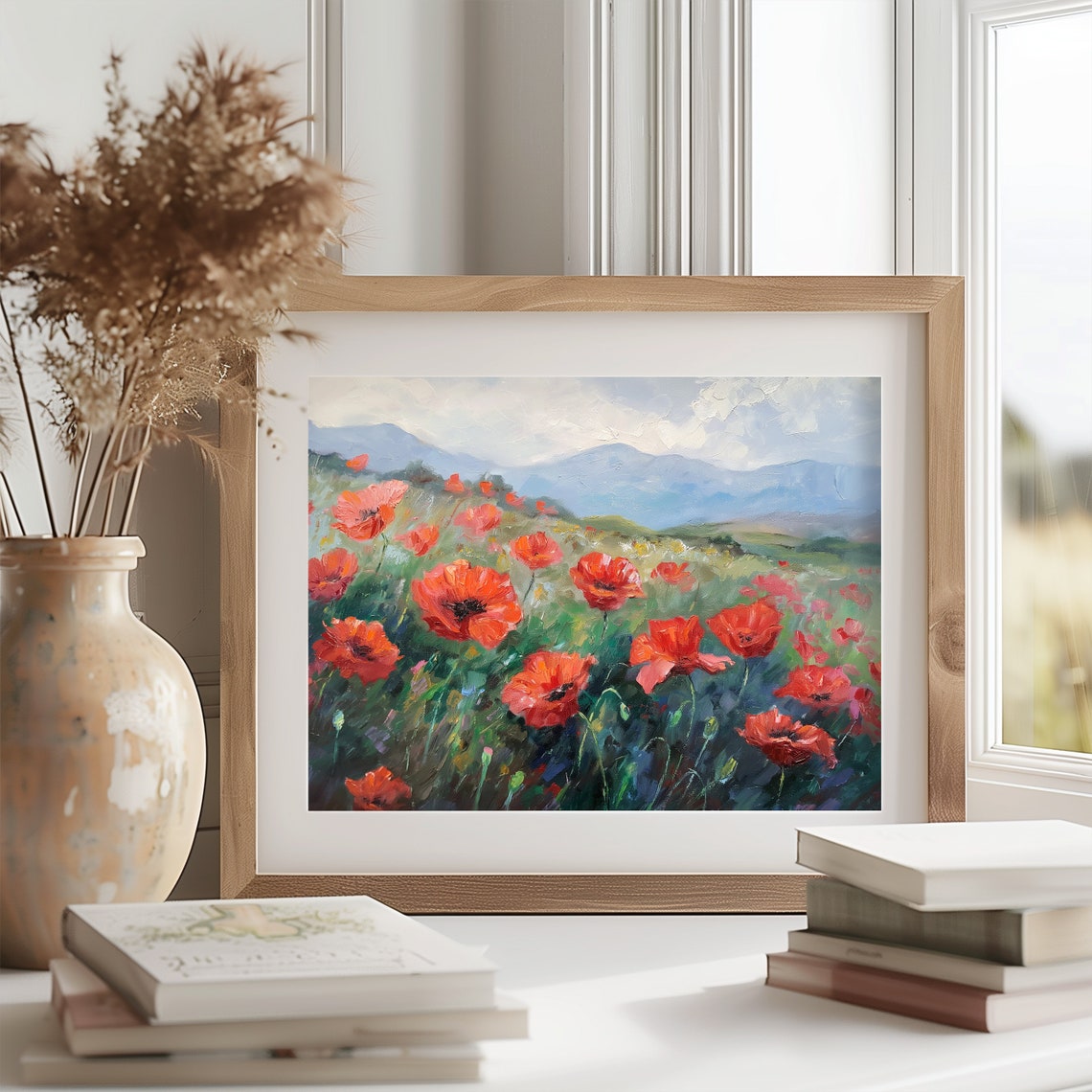 Red Poppy Field with Blue Mountains Impressionist Landscape Poster - Image 2