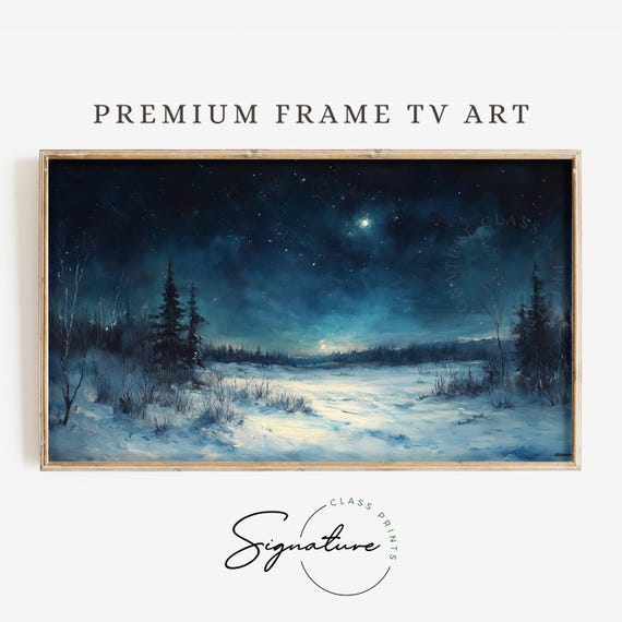 Frosty Winter Meadow Tv Art Starry Night Landscape Frame Tv Art Moody Nature Painting Deep Colors Wall Decor 3443