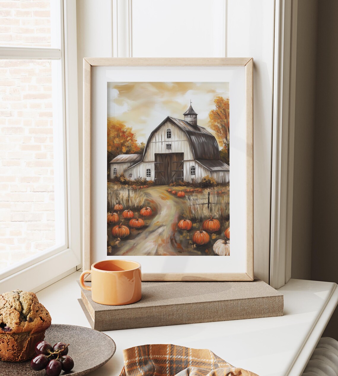 White Barn Surrounded by Pumpkins on Winding Farm Lane in Autumn Wall Art - Image 6