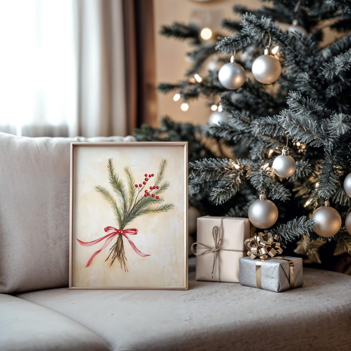 Pine Sprigs and Red Berries Hand Tied Bouquet with Red Ribbon Poster - Image 5