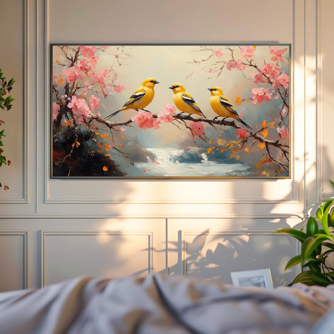 Yellow Songbird Trio On Pink Cherry Blossom Branch Spring Bird Art Poster - Image 4