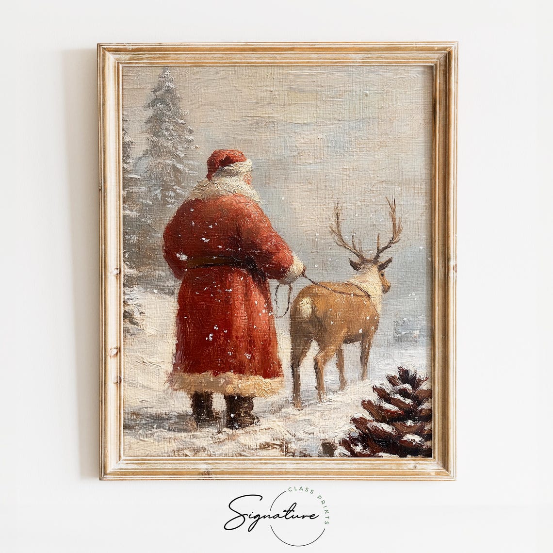 Santa Claus Walking Away With a Reindeer Through Falling Snow Poster