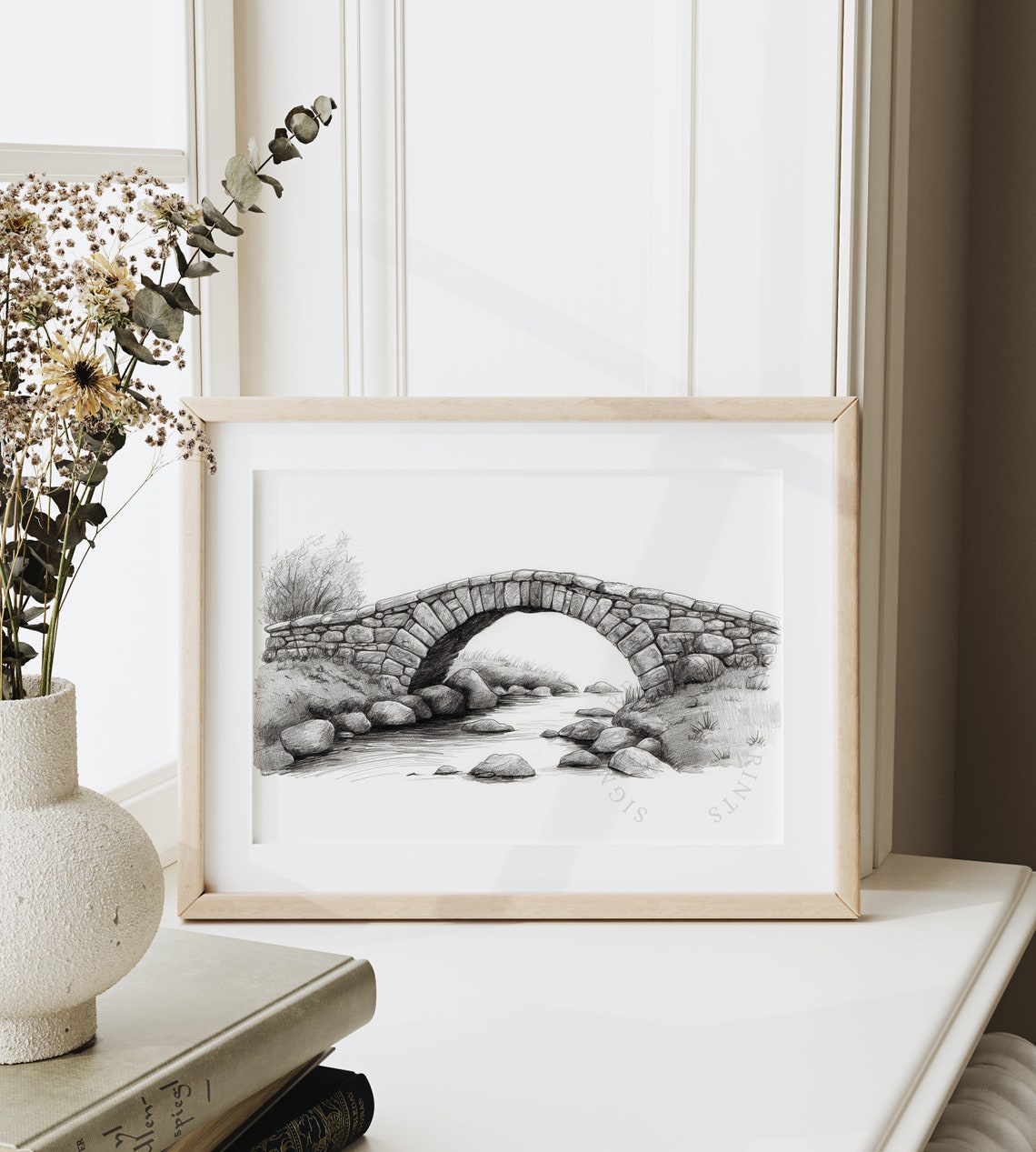 Old Stone Arch Bridge Over Stream Pencil Sketch Landscape Poster - Image 6