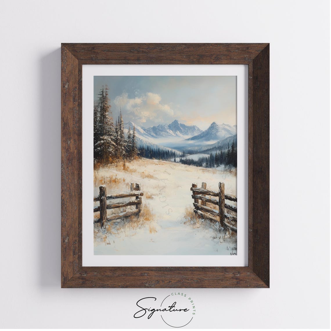 Split Rail Fence Snowy Alpine Meadow Mountain Landscape Poster - Image 2
