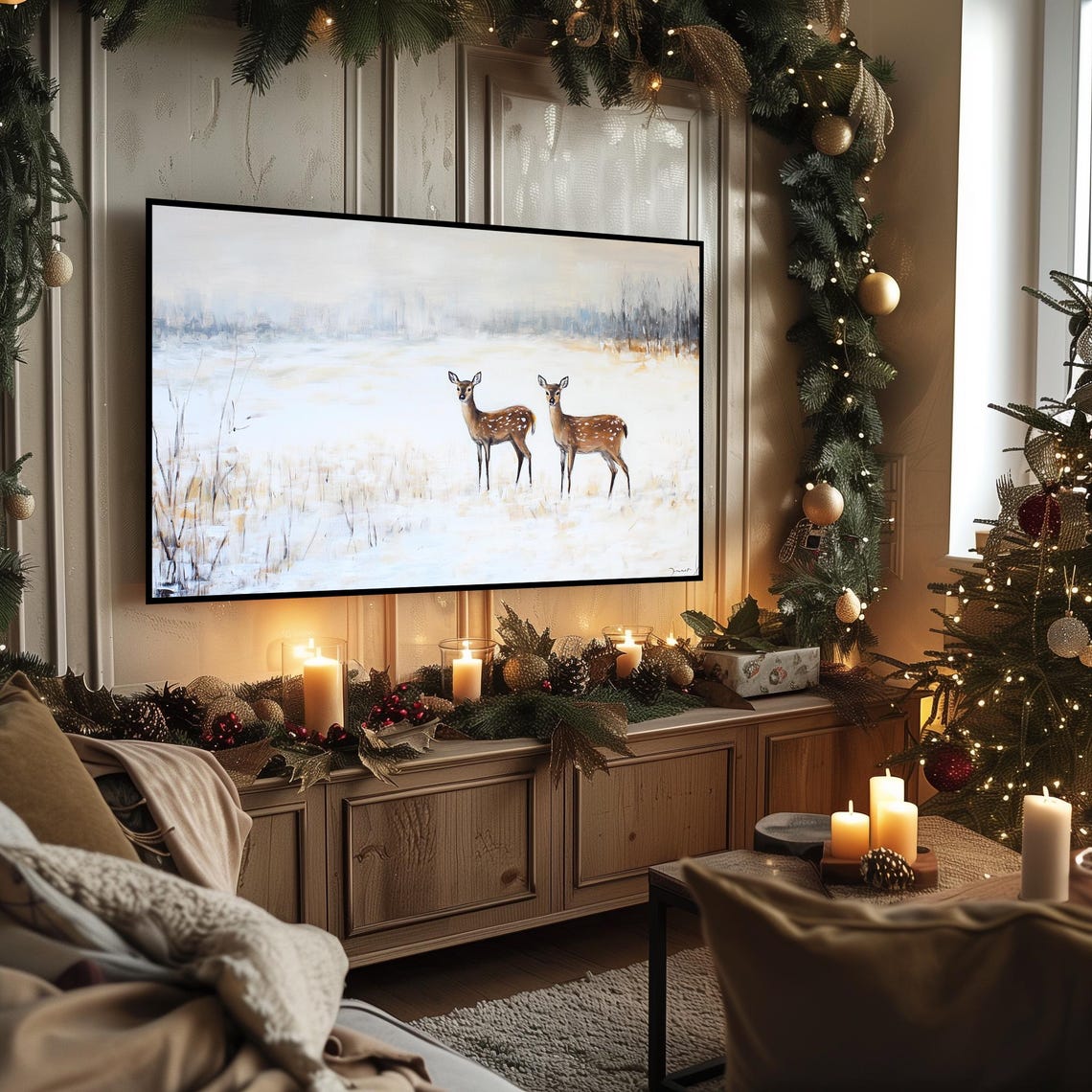 Two Spotted Deer in Snowy Field Misty Winter Morning Scene Poster - Image 3