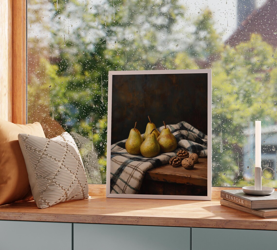 Rustic Still Life with Pears Walnuts and a Checkered Cloth Harvest Poster - Image 2