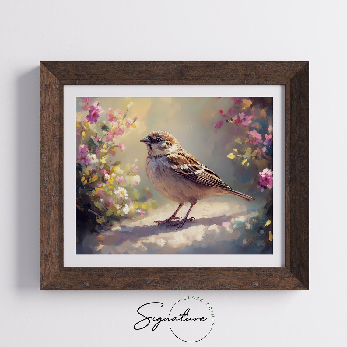 Sparrow Among Spring Flowers Dappled Sunlight Garden Bird Painting Poster - Image 3