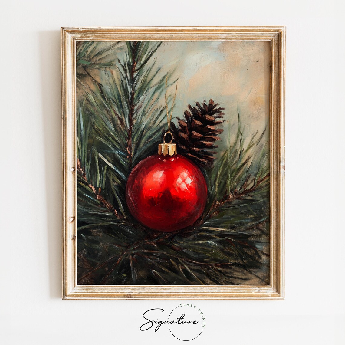 Red Christmas Ornament on Pine Branch Rustic Oil Painting Print