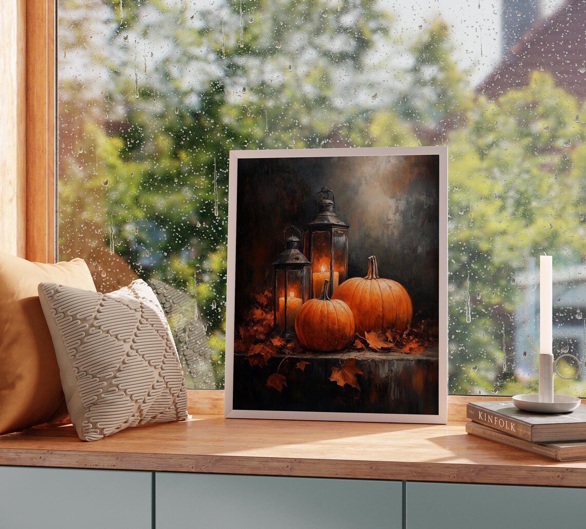 Pumpkin And Lantern Still Life Autumn Night Harvest Moody Art Poster - Image 2