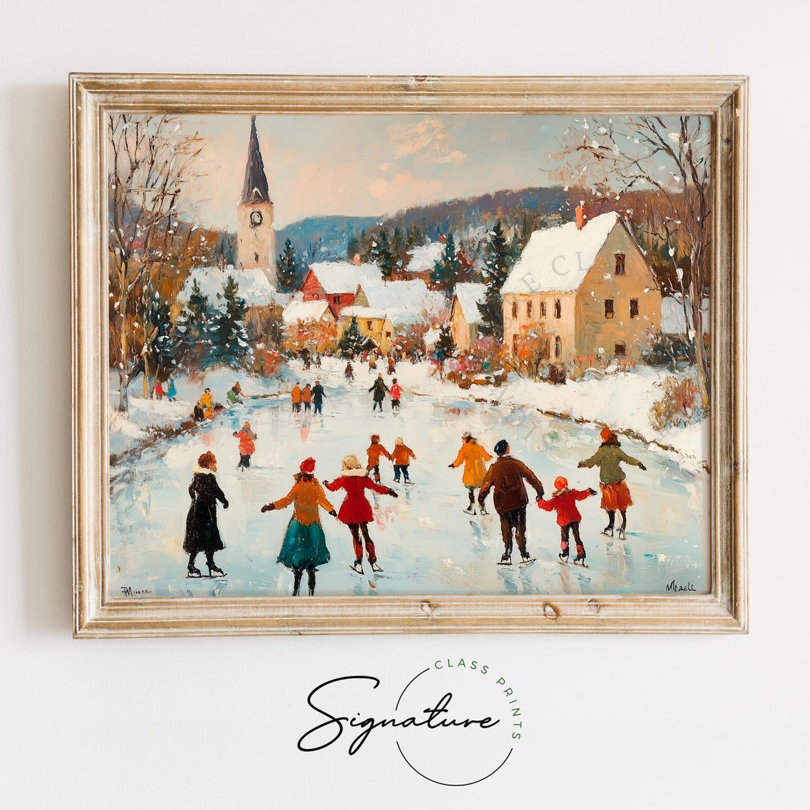 Snowy Village Ice Skating Scene With Church Steeple Clock Poster