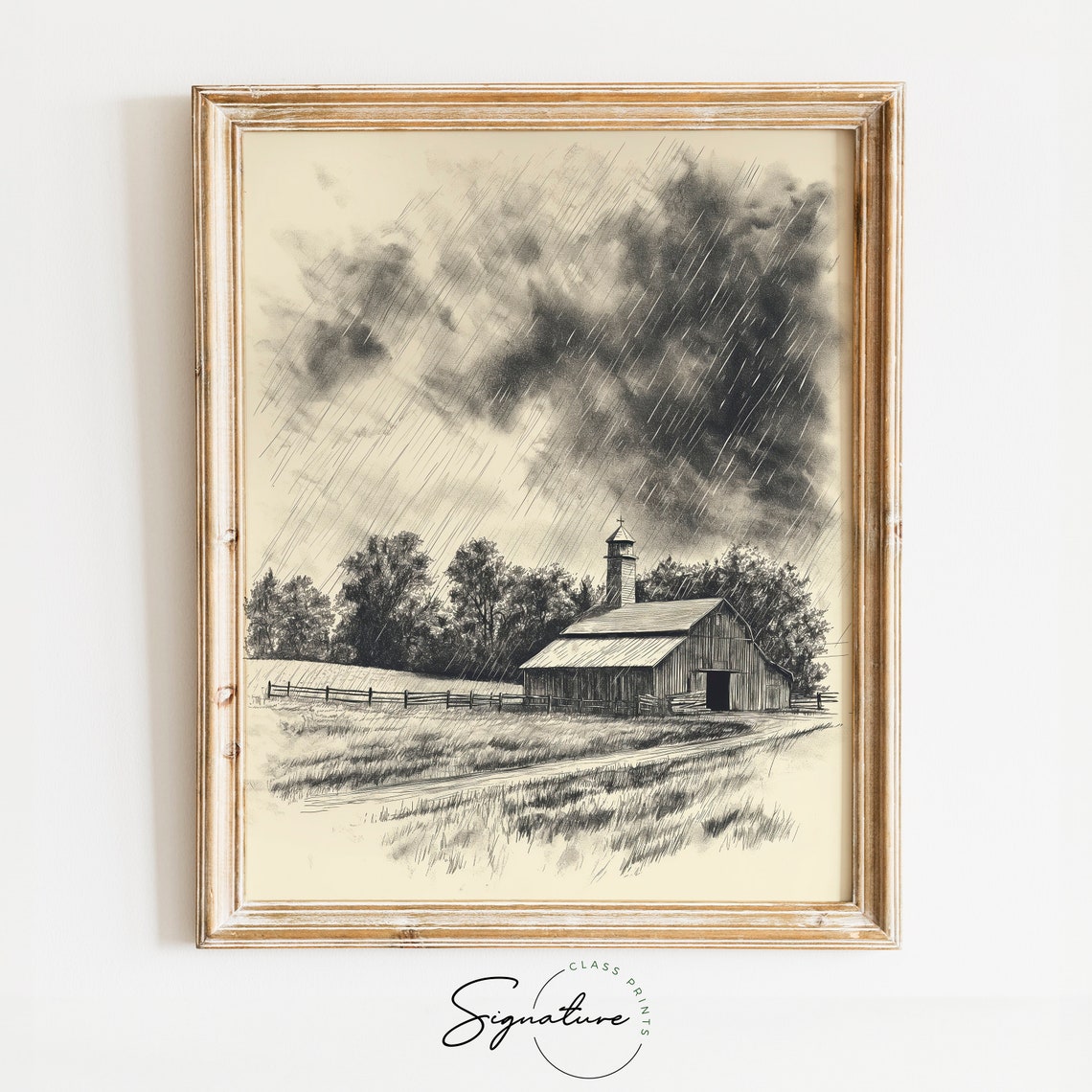 Storm Clouds Over Barn In Rain Vintage Farm Sketch Poster Art