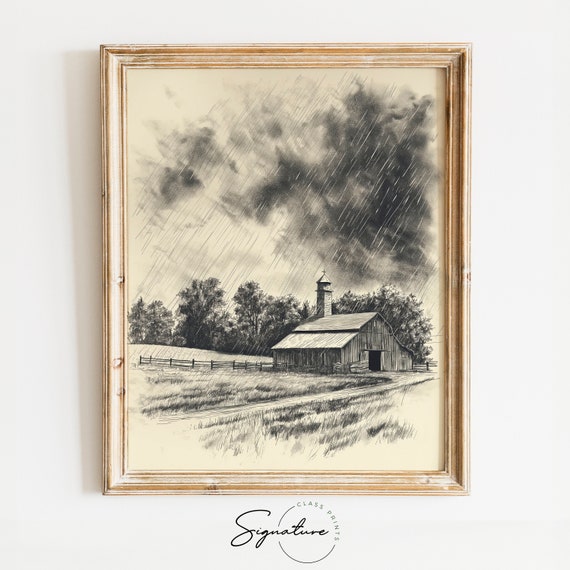 Rainy Day At A Rural Farmstead Sketch Rustic Farmhouse Artwork Stormy Weather Decor Countryside Rain Scene Art 770