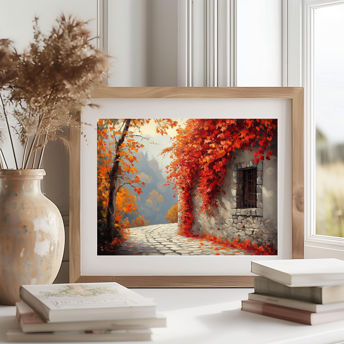 Cobblestone Lane Past Stone Wall Covered in Crimson Autumn Ivy Wall Art - Image 2