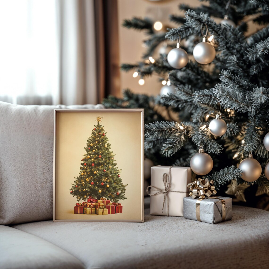 Vintage Christmas Tree With Gifts Warm Retro Holiday Painting Poster - Image 5