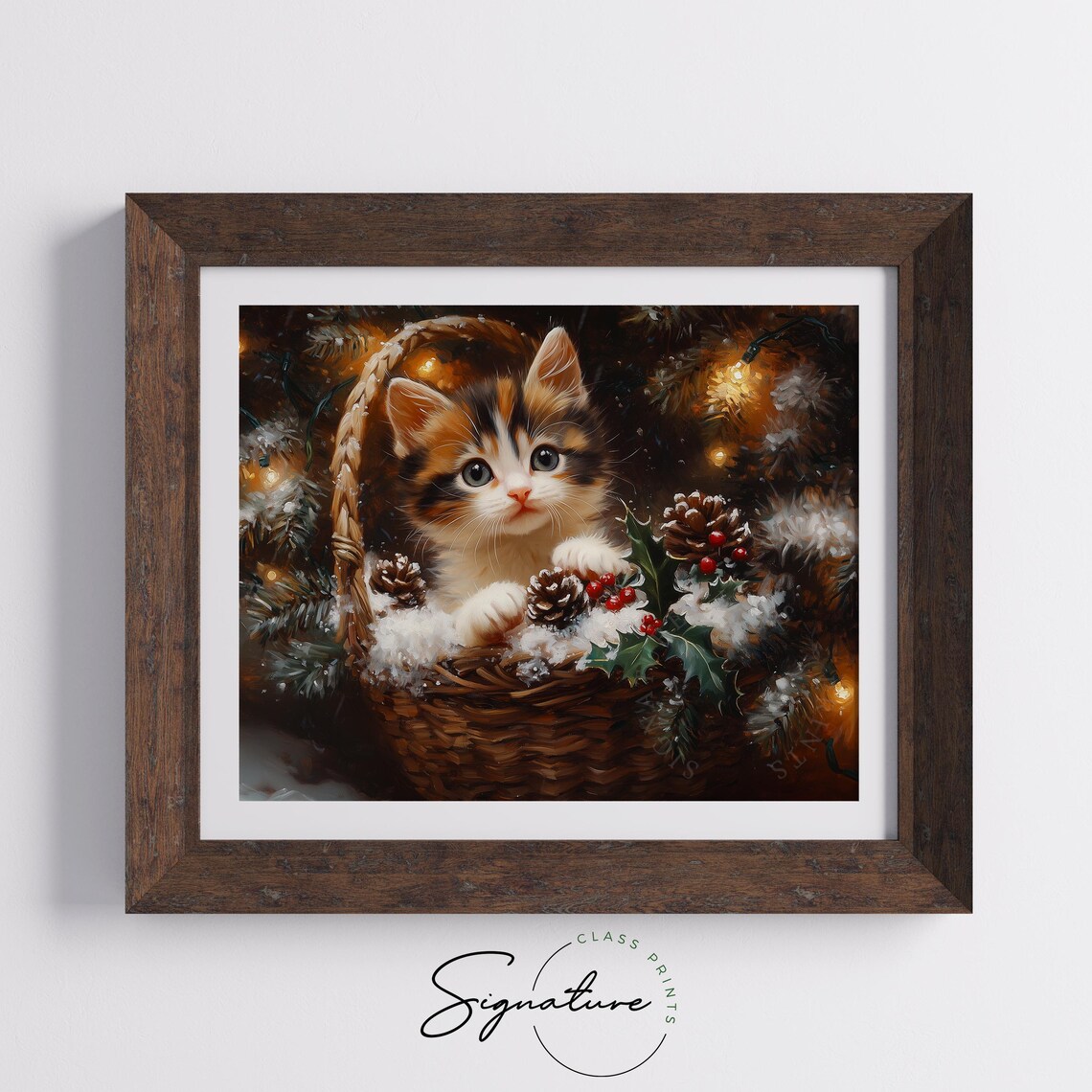 Calico Kitten in Wicker Basket with Holly Pinecones and Berries Poster - Image 5