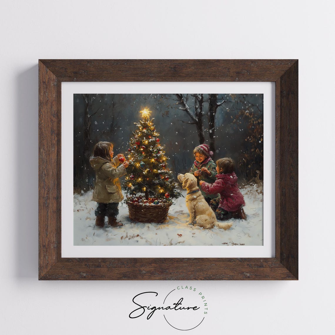 Three Children And A Dog Decorating A Lit Christmas Tree Poster - Image 5