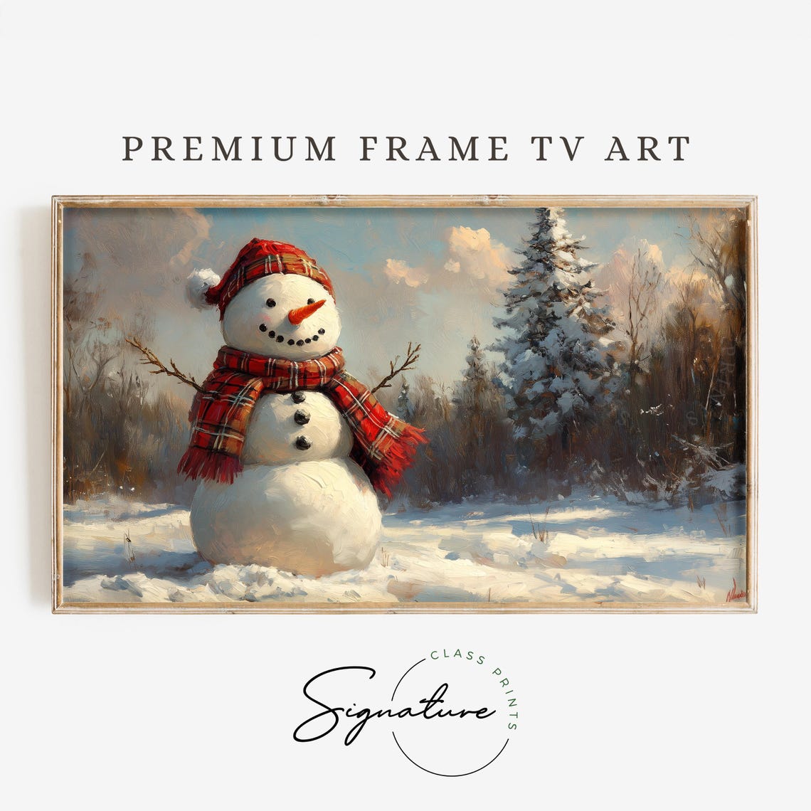 Cheerful Snowman in Plaid Hat and Scarf Snowy Landscape Art Poster