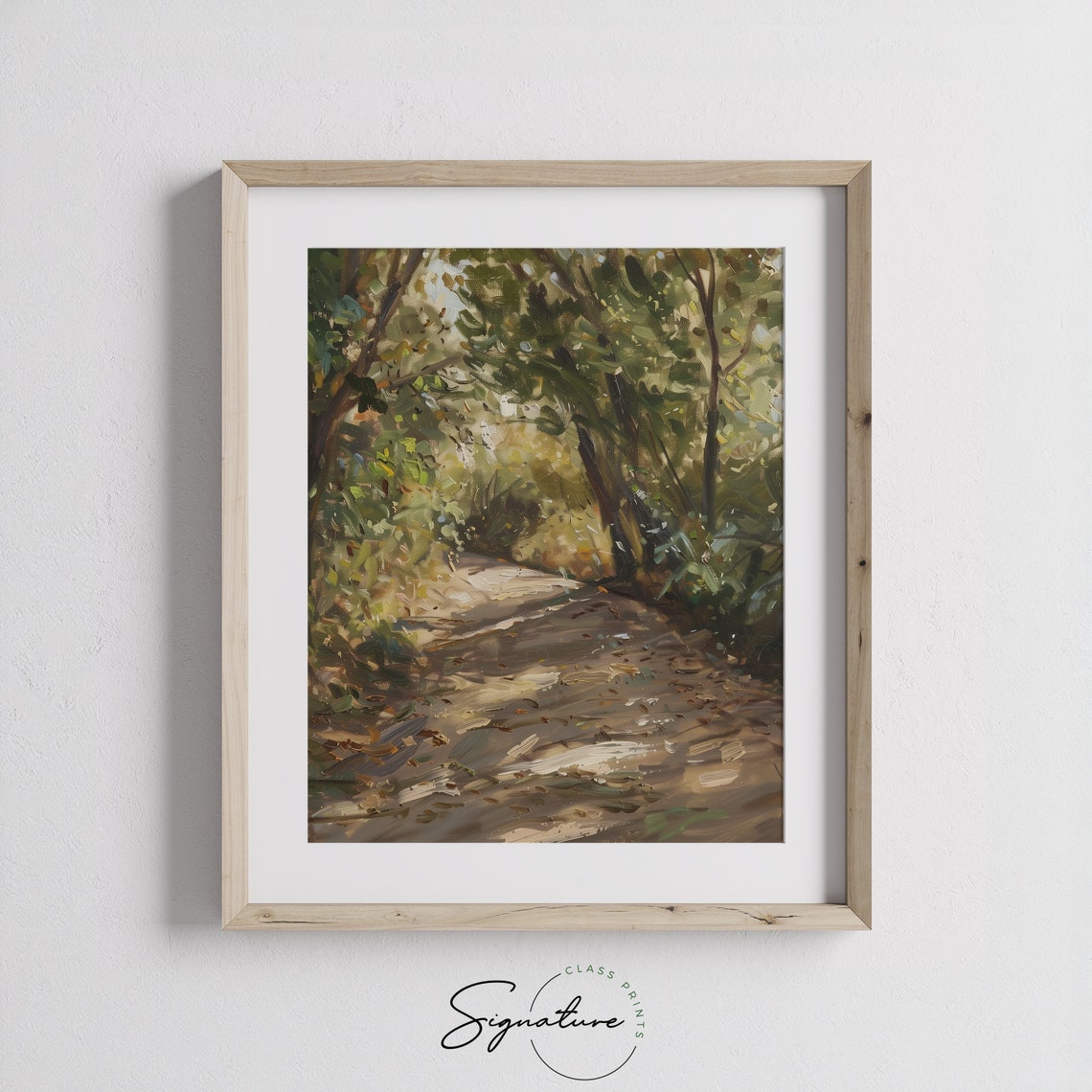 Sunlit Woodland Path with Dappled Light Through Green Trees Poster - Image 3