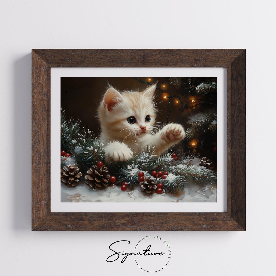 Playful Cream Kitten Among Snowy Pinecones and Red Berries Poster - Image 5
