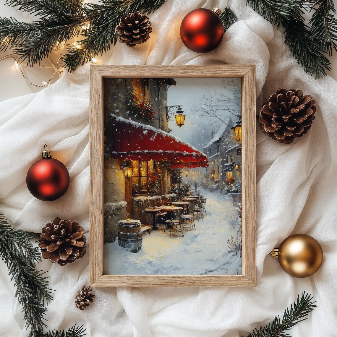 Snowy Cafe With Red Awning Cozy Winter European Street Scene Poster - Image 4