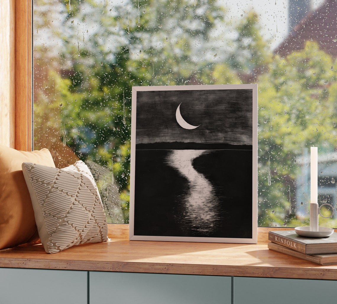 Crescent Moon Over Quiet Lake Night Reflection Sketch Poster - Image 2