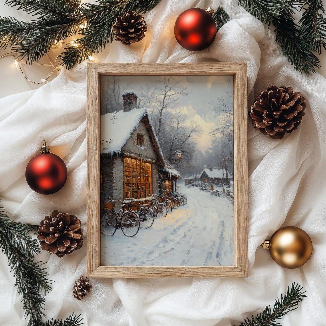 Snowy Bookstore with Glowing Windows and Bicycles Winter Poster - Image 4