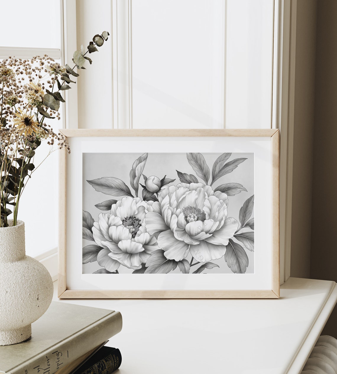 Peonies In Full Bloom Detailed Gray Pencil Botanical Sketch Poster - Image 6