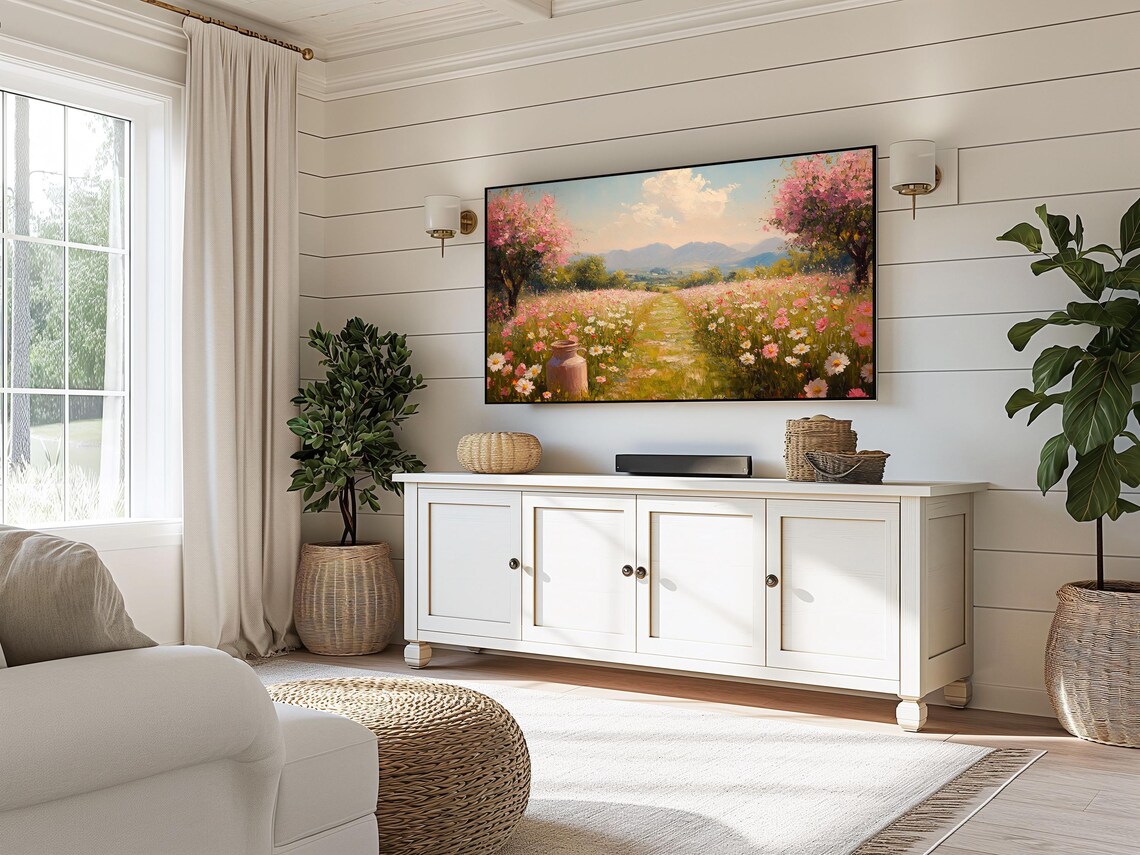 Spring Meadow Blooming Wildflowers Pink Blossom Trees Country Path Poster - Image 3