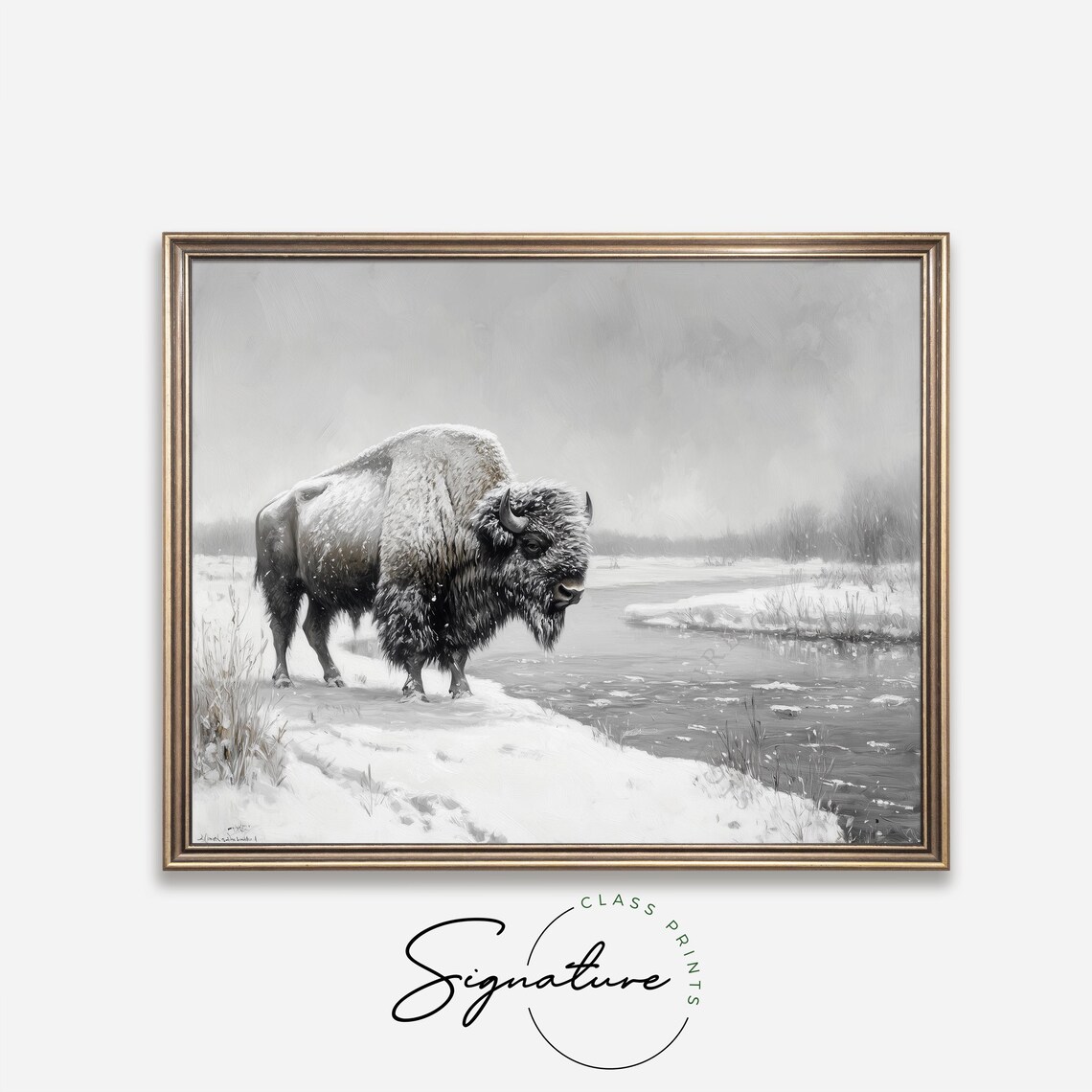 Bison Standing by Snowy River in Winter Wildlife Nature Art Poster - Image 4