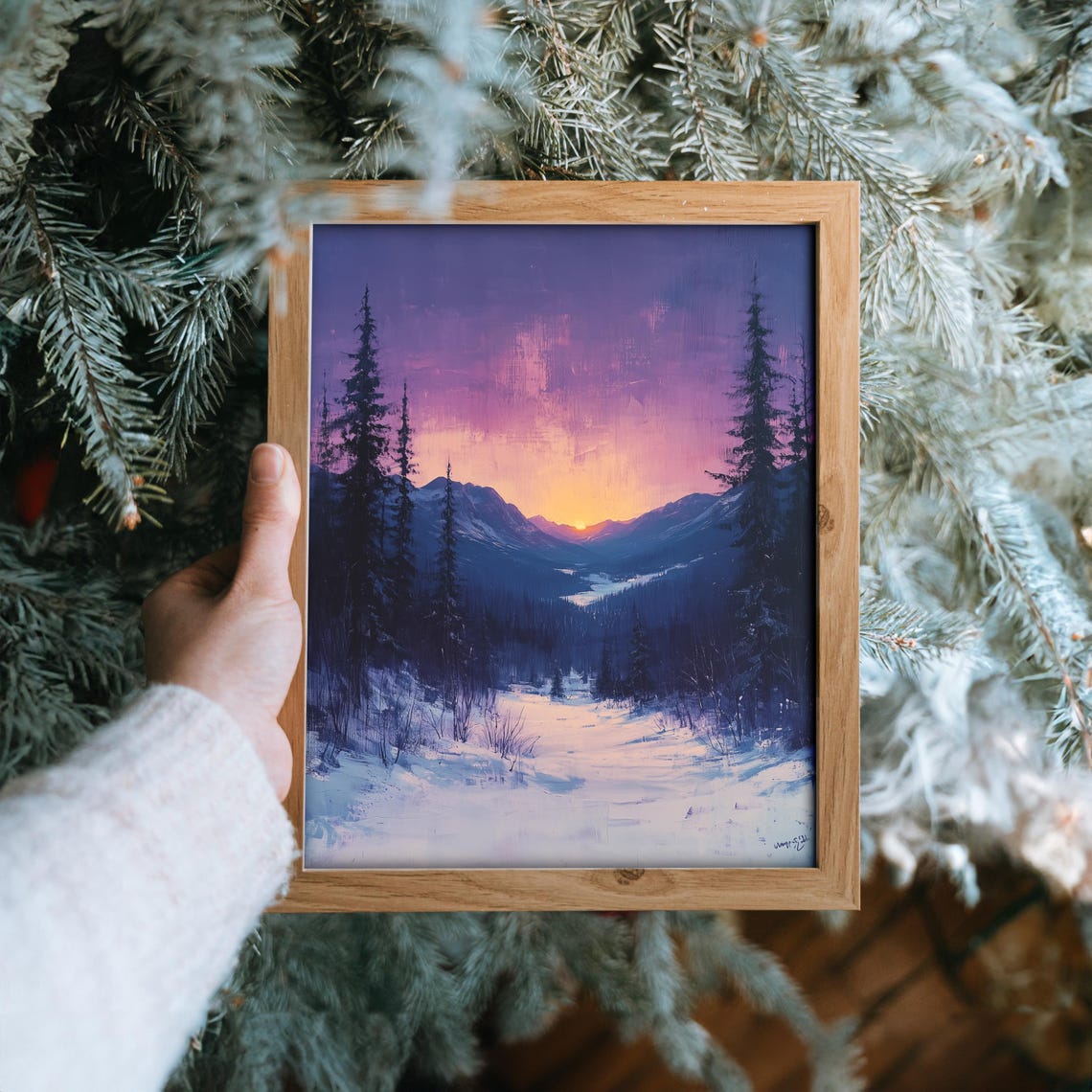 Twilight Winter Valley Purple Sunset Mountain Landscape Poster - Image 6