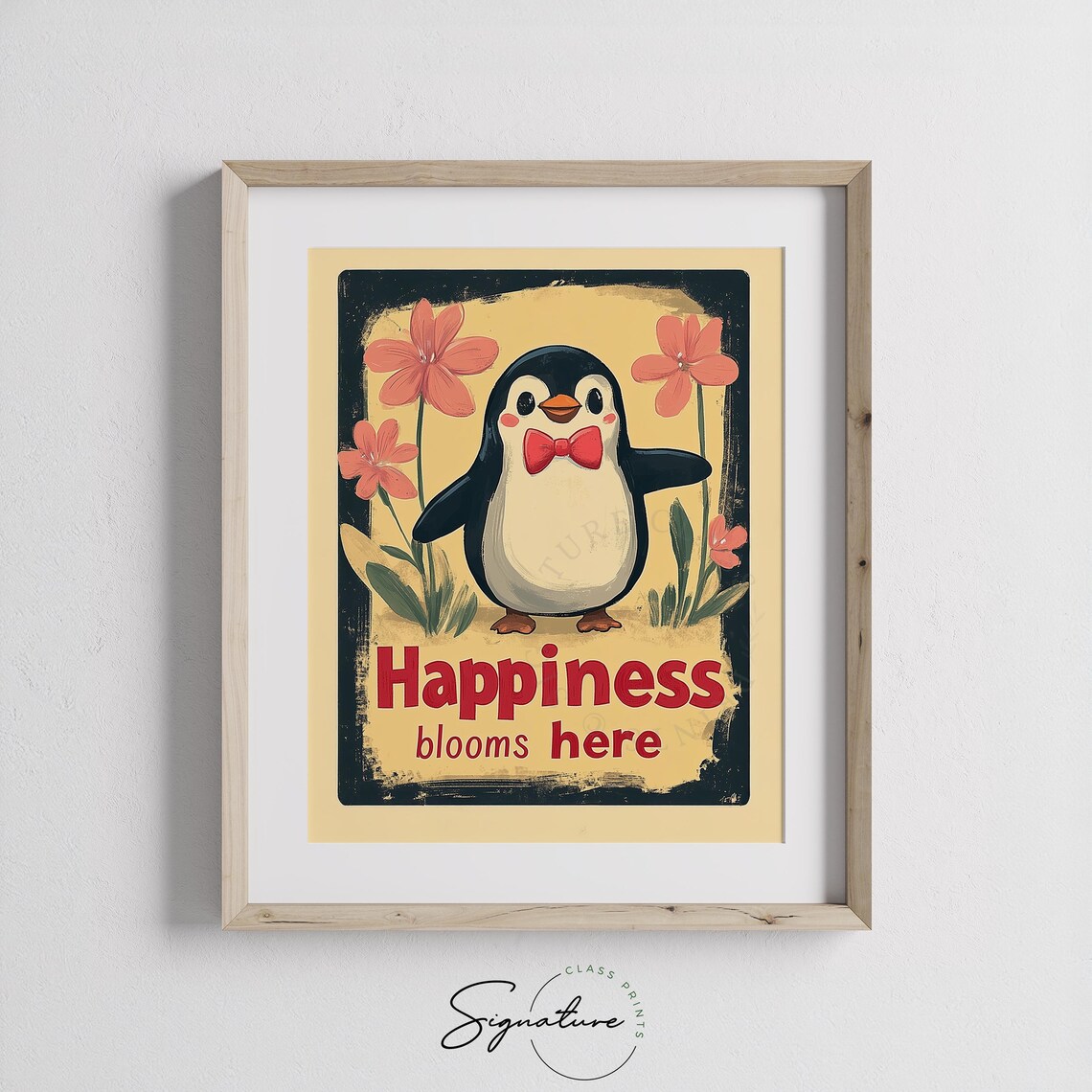 Sweet Happiness Blooms Here Penguin Retro Floral Animal Poster - Image 3