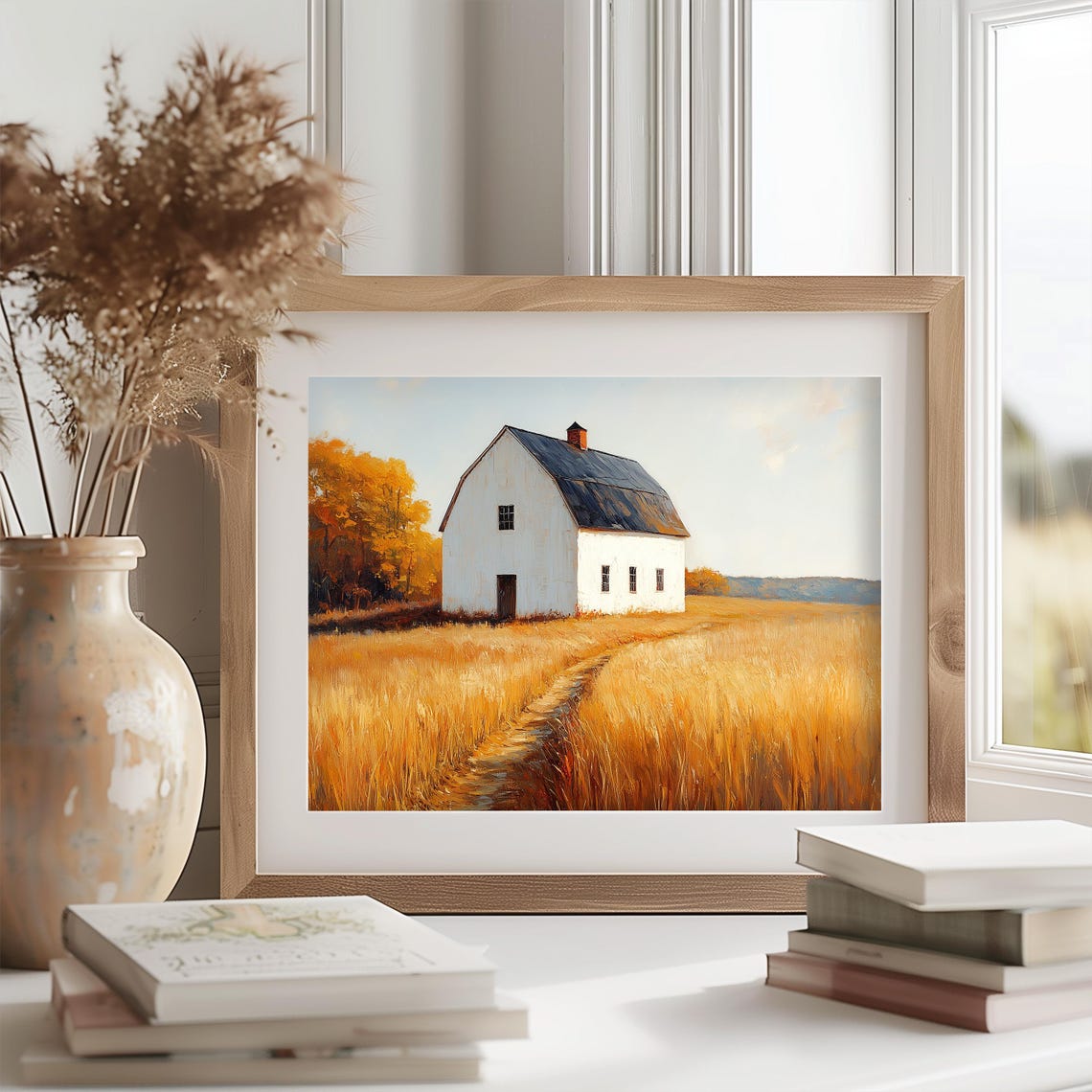 White Barn Standing Alone in Endless Golden Wheat Field Wall Art - Image 2