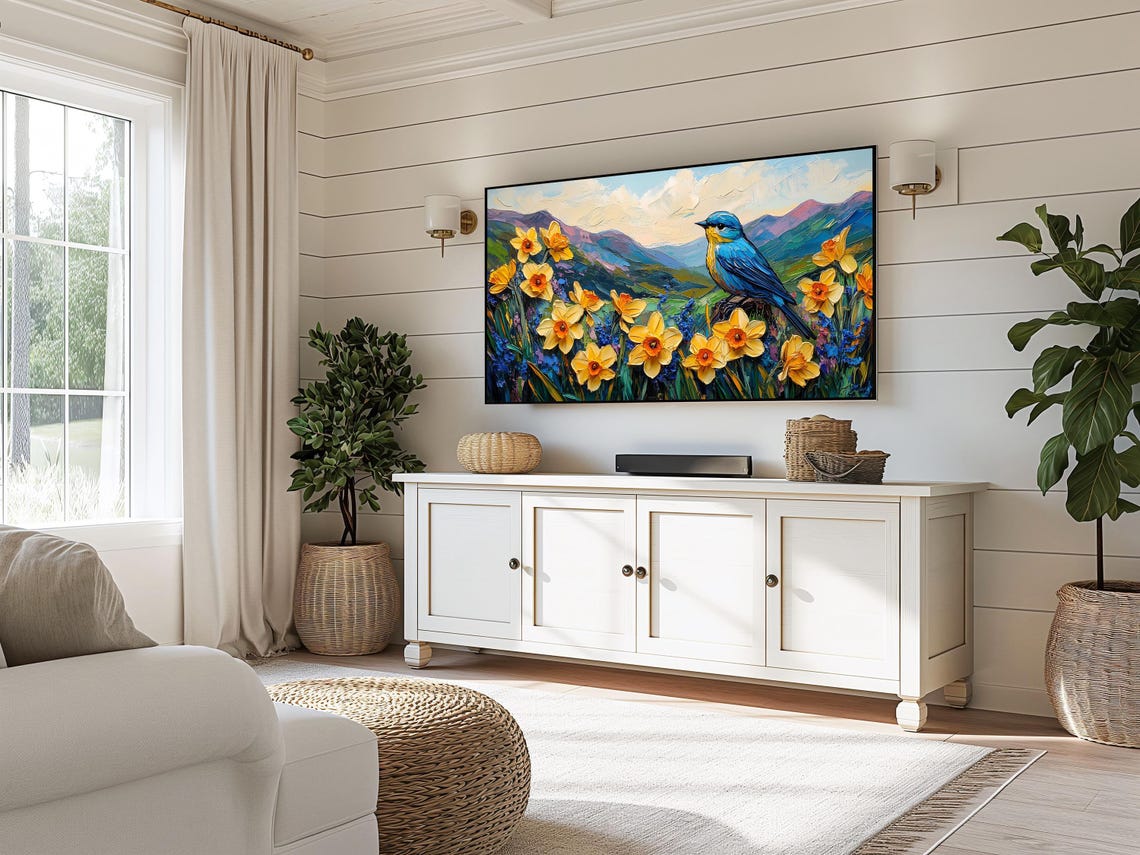 Bluebird Among Yellow Daffodils In Mountain Valley Art Poster - Image 3