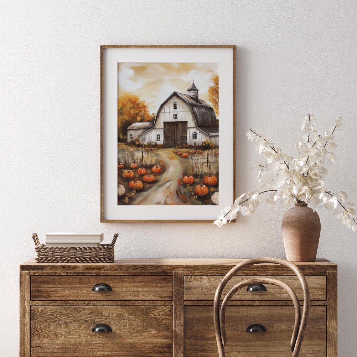 White Barn Surrounded by Pumpkins on Winding Farm Lane in Autumn Wall Art - Image 5