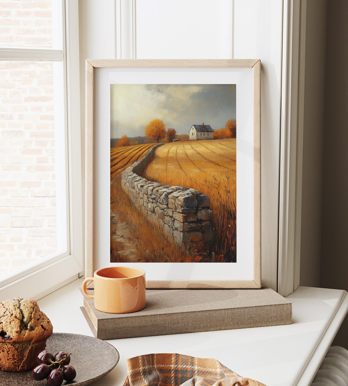 Autumn Farmhouse Stone Wall Golden Field Orange Trees Poster - Image 6