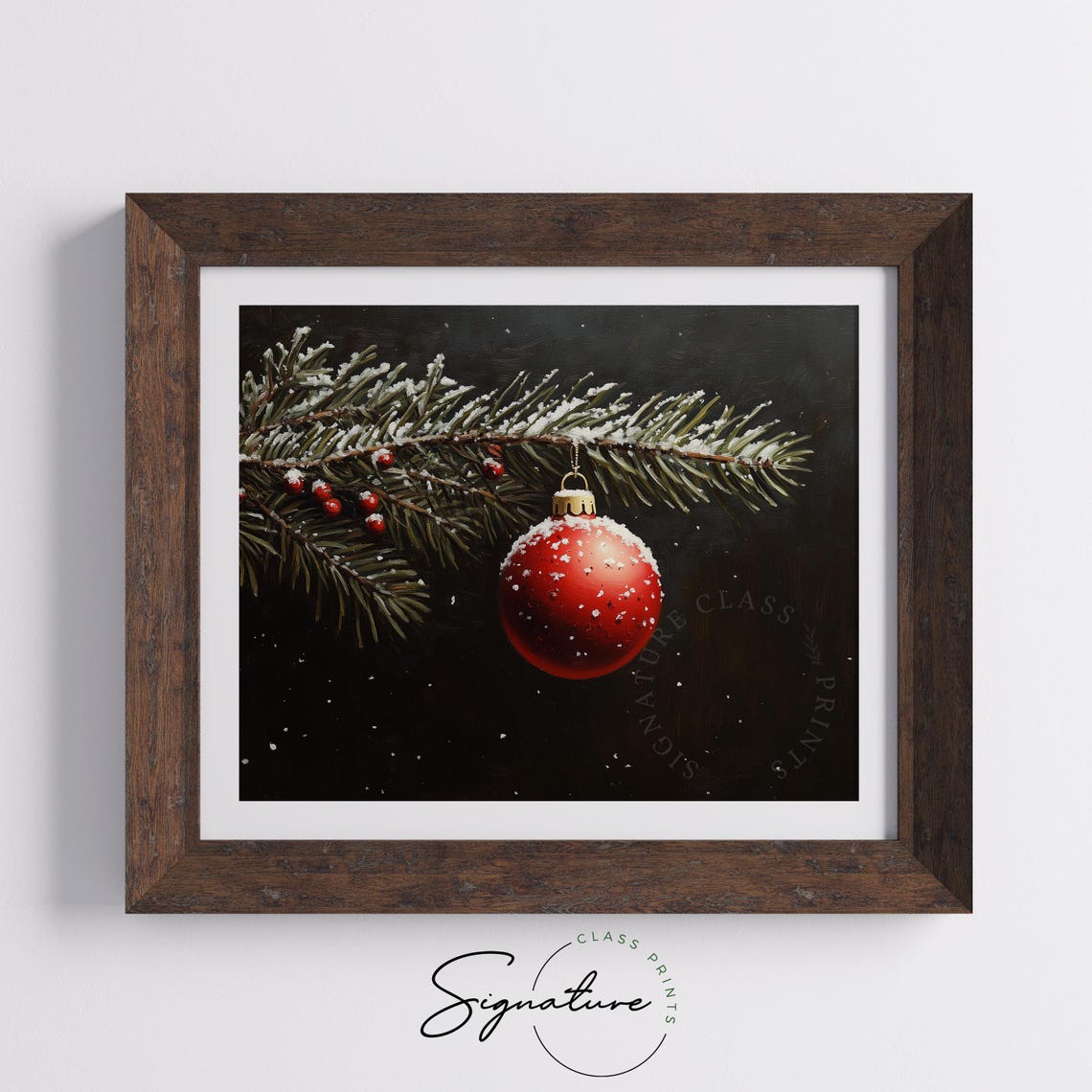 Red Christmas Ornament On Snowy Evergreen Branch Dark Style Poster - Image 5