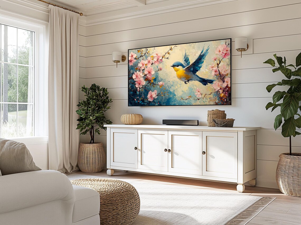 Finch Flying Pink Azalea Blossoms Spring Bird Wings Spread Vibrant Art Poster - Image 3