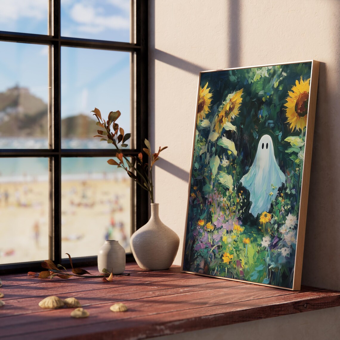 White Ghost Sunflower Garden Dark Green Wildflowers Art Poster - Image 5