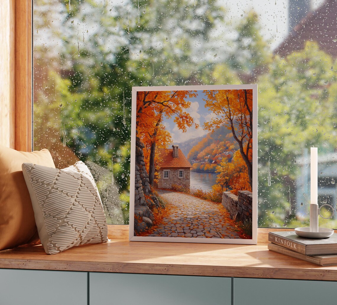 Stone Cottage By The River At The End Of A Golden Cobblestone Lane Poster - Image 2