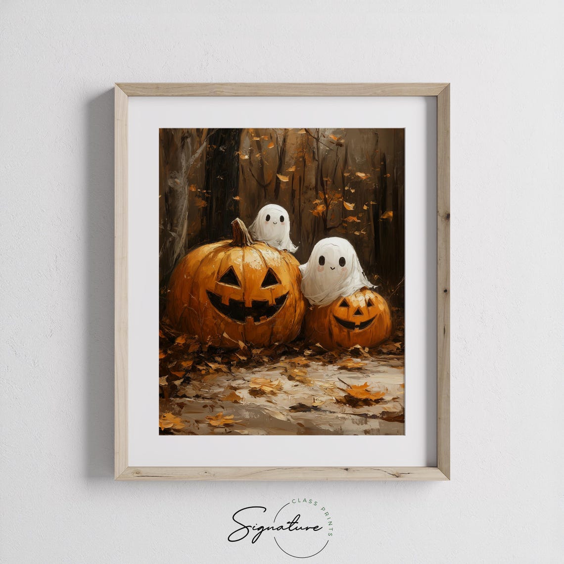 Whimsical Ghosts With Pumpkins Cute Halloween Fall Scene Spooky Cottagecore Autumn Art Vintage Halloween Wall Decor Art 1552 - Image 3