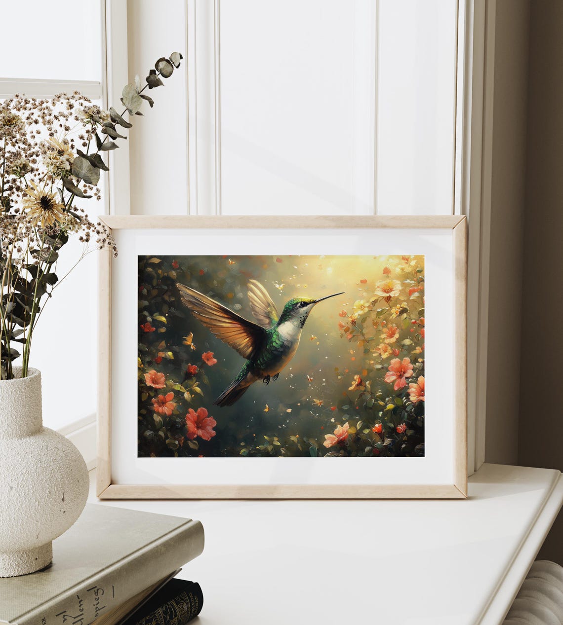 Sunlit Hummingbird Among Red Orange Blossoms Dramatic Poster - Image 4