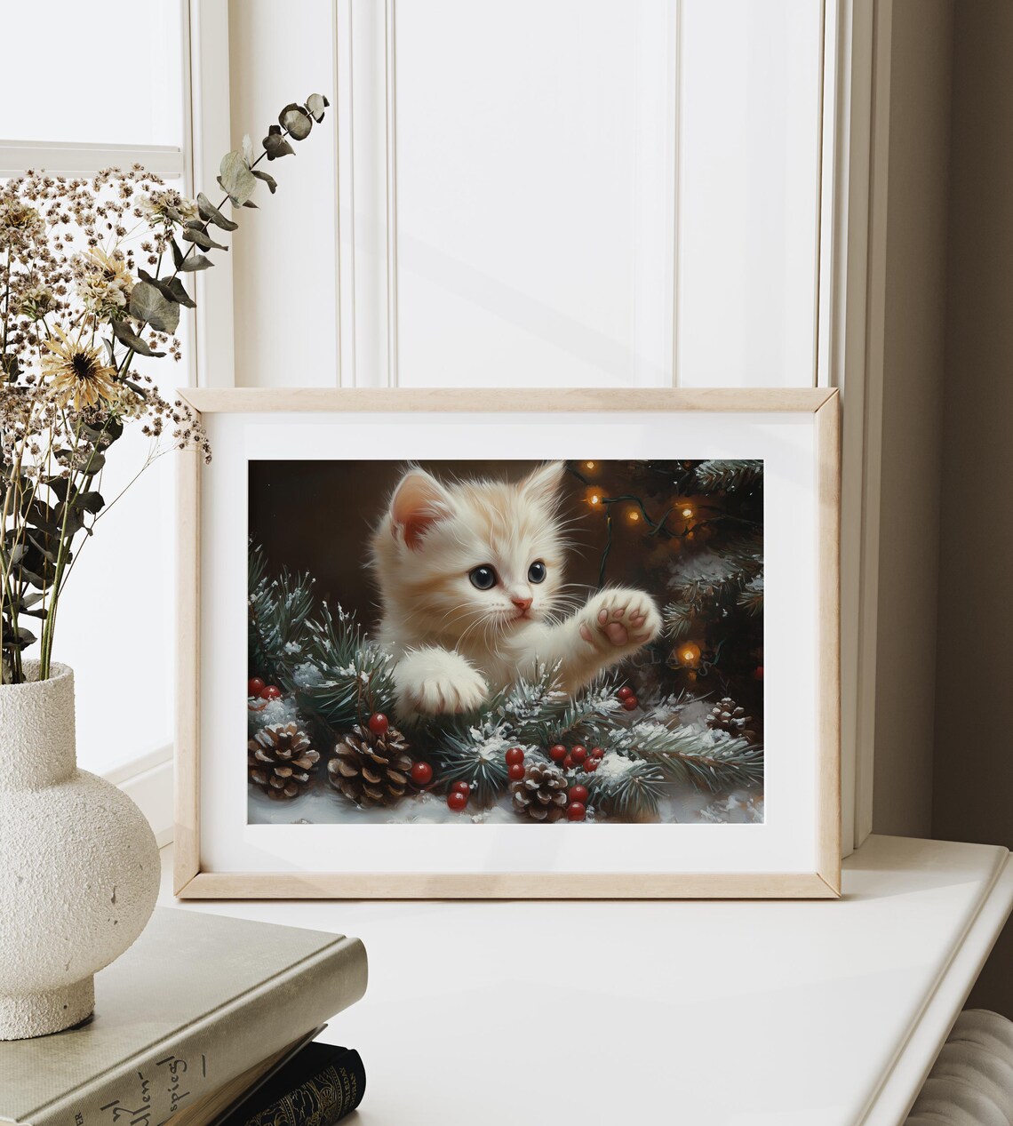 Playful Cream Kitten Among Snowy Pinecones and Red Berries Poster - Image 6