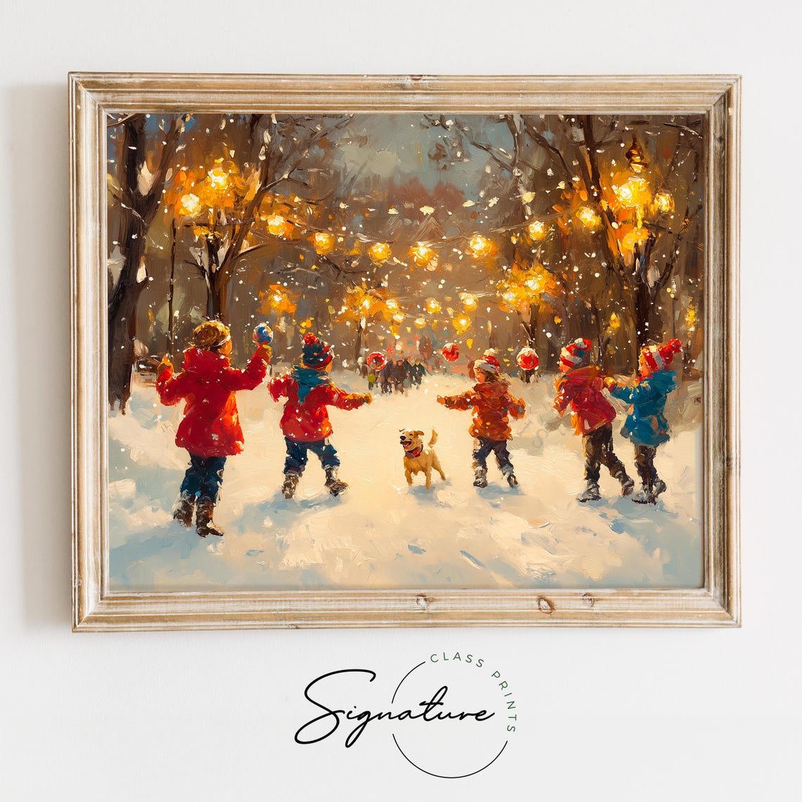 Children and Dog Playing in Snow Under Warm String Lights Poster