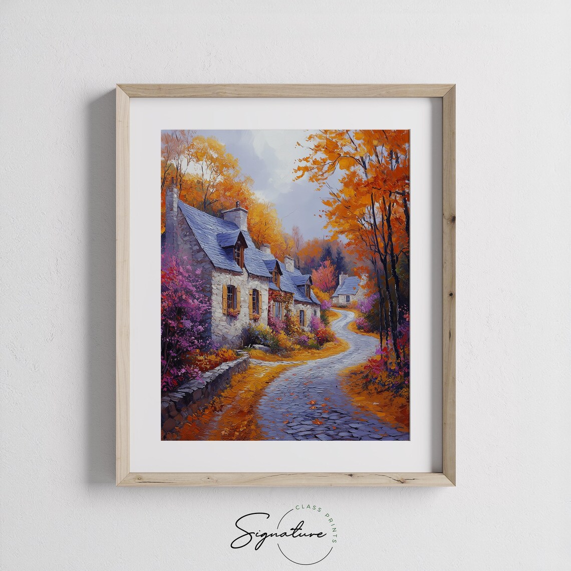 Autumn Village Street Flowering Bushes Stone Houses Lane Poster - Image 3