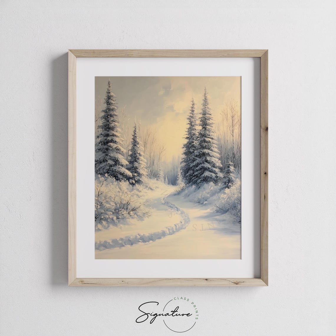Snowy Trail Between Frosty Fir Trees in Soft Winter Light Poster - Image 2
