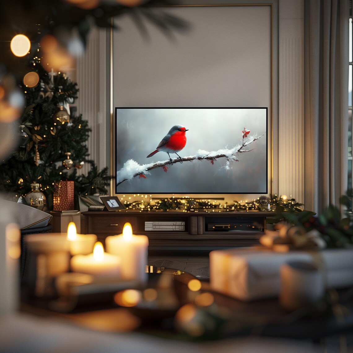 European Robin on Snowy Branch Bright Red Winter Bird Art Poster - Image 6