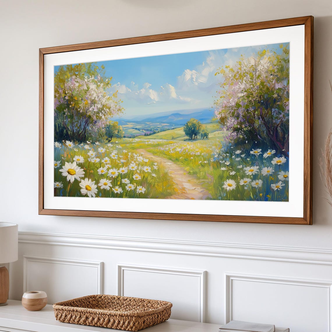 Daisy Meadow Path Lined With Blossom Trees Bright Frame TV Wall Art - Image 2
