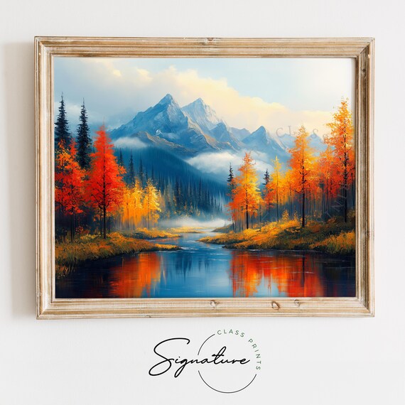 Autumn Mountain River Fall Foliage Reflection Scenic Landscape Wall Art