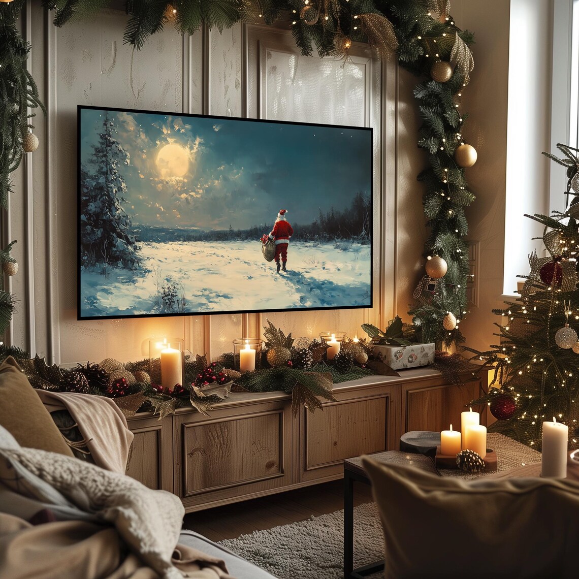 Santa Claus Walking in Moonlit Snowy Field Night Christmas Art Poster - Image 3