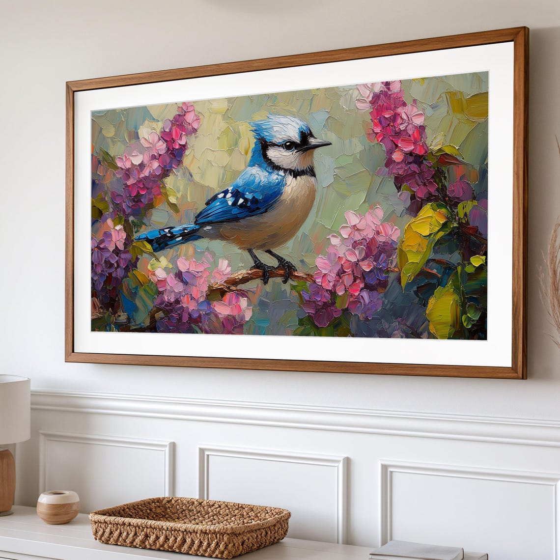 Blue Jay On Lilac Bloom Branch Impasto Colorful Bird Art Poster - Image 2